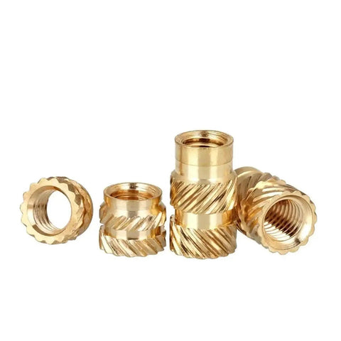 Brass Insert Nuts Set 1/4 20 UNC Hot Melt Knurled Thread Copper Nuts for 3D Printer in 5 Pack, shown in close-up view