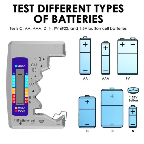 All In One Universal Battery Tester And Checker For AA AAA C D 9V And Button Cells Quick And Easy Household Battery Monitor Meter In Silver Finish Ready To Check Any Battery On Hand. Silver battery tester for AA, AAA, C, D, 9V and button cells