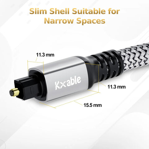 Premium 50 Ft Optical Audio Cable Heavy Duty Digital Toslink Fiber Cord connector detail showing slim shell for narrow spaces.