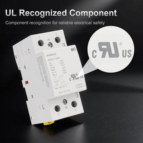 Heavy Duty 63A Modular Contactor With 2NO Poles Operating On 24V AC DC Coil Voltage showing UL recognition for electrical safety.