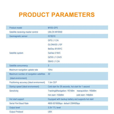 Product parameters for 10Hz GPS Drone Module With Compass For FPV Racing Drones Plug And Play Friendly Dual NMEA UBX Protocols