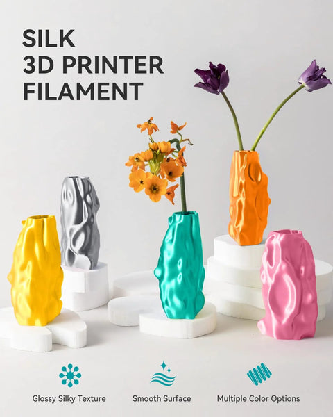 Silk PLA 3D printer filament, 1.75 mm, 1 kg, glossy silky texture shown on five colorful vases.