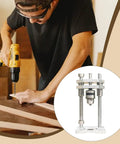 Man using Vertical Drill Guide And Drill Press Adapter For Woodworking, Heavy Duty Steel Stand, on a wooden board