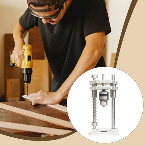 Vertical Drill Guide Tool With 10mm Chuck For Precise Drill Press Alignment And Easy Mounting Portable Steel Auxiliary Drill Guide shown in use