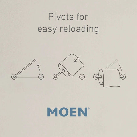 Diagram of Vale Brushed Nickel Double Post Pivoting Toilet Paper Holder showing pivot mechanism for easy roll change.