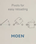 Diagram showing Doux Brushed Nickel Pivoting Toilet Paper Holder With No Fuss Easy Roll Changes steps for reloading.