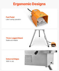 Three In One Do It All Electric Pipe Threader Machine with foot pedal, three-legged stand, deburred edges for safety and ease.