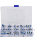150 Piece Resistor And Trimmer Potentiometer Assortment Kit Blue And White Vertical PCB Mount Three Terminal Preset Adjustable Resistors Ranging 100 Ohm To 1 Megohm For DIY Electronics And Prototyping Handy For Hobbyists in clear plastic case