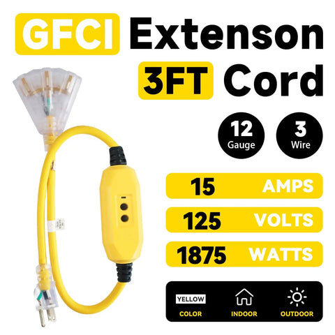 Lighted GFCI Extension Cord With Three Outlets And Grounded Plug, 3 Ft Heavy Duty 12/3 SJTW Yellow Pigtail Cable, UL Listed