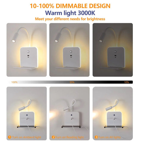 Plug-in & Hardwired LED Wall Sconce, Dimmable Wall Mount Reading Light with USB A & Type C Charging Ports, Flexible Gooseneck, Storage Shelf & Ambient Backlight, Matte White for Bedroom Bedside Hotel with dimming options and warm light.