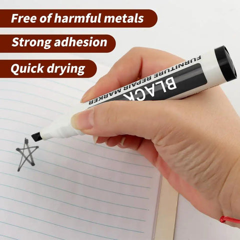 Hand using Scratch Fix Marker Pen For Wood Floors And Furniture, Quick Dry Filler Pen That Actually Stays Put, Black color