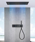 Top Shelf Ceiling Mount Digital Shower Kit With Brushed Gold Finish And Led Panel featuring dual rain water column and handheld wand.