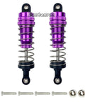 Oil Filled Metal RC Shock Absorber Upgrade Kit For 1 14 Scale WLtoys Buggy 144001 124018 124019 Suspension Replacement Parts Four Piece Set In Purple For Smoother Travel And Better Handling, front view of two purple shock absorbers with mounting hardware.