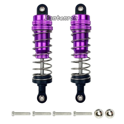 Oil Filled Metal RC Shock Absorber Upgrade Kit For 1 14 Scale WLtoys Buggy 144001 124018 124019 Suspension Replacement Parts Four Piece Set In Purple For Smoother Travel And Better Handling, front view of two purple shock absorbers with mounting hardware.