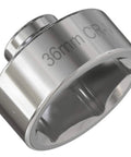 Close-up view of 36mm CR-V steel oil filter socket for cartridge style housings fits Ford F250 6.0 6.4L and various BMW Mini Volvo vehicles