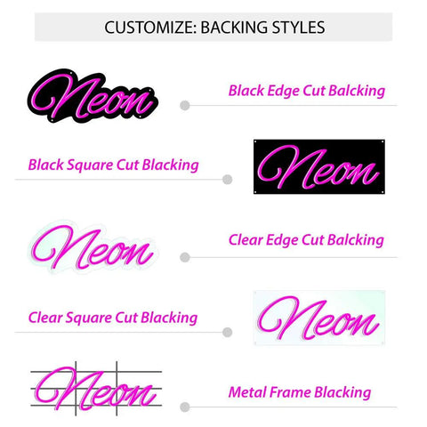Chart of neon sign backing options, including Black Square Cut Acrylic, for Animal Clinic LED Neon Sign With Red Border.