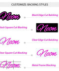 Image showing five customizable backing styles for Green Border LED Neon Sign With Dimmer 24 By 24 Inch Square Backing Premium Indoor Light.