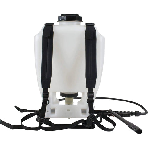 Back view of 4 Gallon Backpack Sprayer for Lawn and Garden with Translucent Tank, Padded Shoulder Straps, and Hose