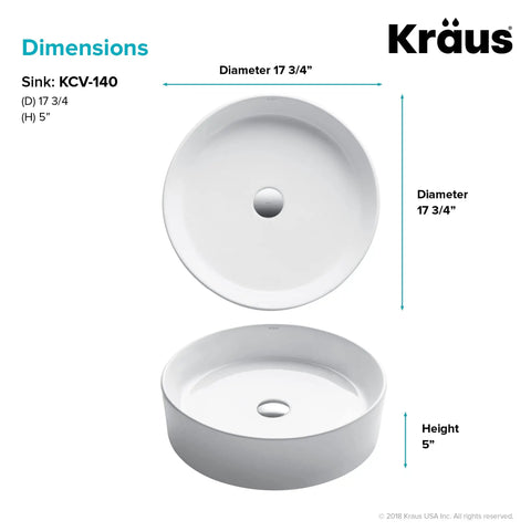 Elavo Round Vessel White Porcelain Ceramic Bathroom Sink 18 Inch Go-To Pick For Any Bath dimensions with top and side view