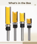 Top Tier 4 Pc Flush Trim Router Bit Set With 1/4 Inch Shank And Bearing Carbide Blades for wood edge forming, featuring four bit sizes.