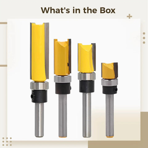 Top Tier 4 Pc Flush Trim Router Bit Set With 1/4 Inch Shank And Bearing Carbide Blades for wood edge forming, featuring four bit sizes.