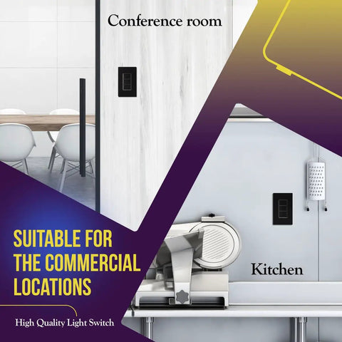 Black Triple Paddle Decorator Light Switch Single Pole 15A Residential Grade That Lets You Run Three Lights From One Location Shallow Body Fits Standard Junction Boxes Durable Polycarbonate Thermoplastic Construction, wall-mounted in conference room and kitchen