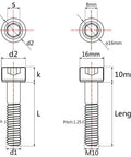 Diagram of premium titanium socket head bolts M10x55mm with dimensions for CNC machinery and heavy-duty projects.