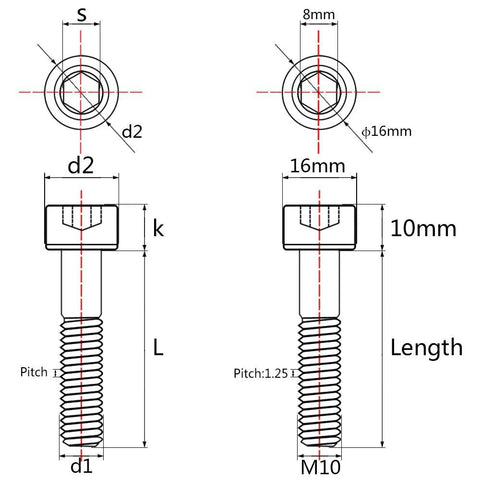 Diagram of premium titanium socket head bolts M10x55mm with dimensions for CNC machinery and heavy-duty projects.