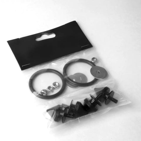 Beefed Up Front And Rear Spike Style Bumper Quick Release Fastener Kit Pack Of 4 Black in packaging, showing contents