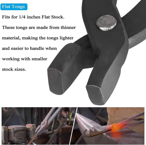 Close-up of flat tongs from Beefy Forging Blade Tongs Set For Knife Making And Blacksmith Tools Three Pack With V Bit Jaws