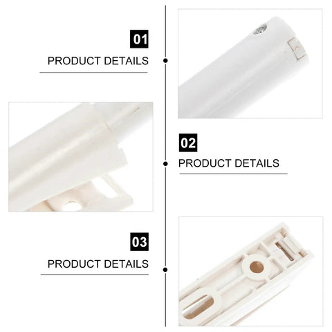 Upgrade Your Cupboards With These Durable White Plastic Rebounders For Easy Push To Open, detailed view of cabinet door catch components.