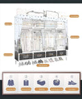 Portable Hanging Closet Wardrobe Freestanding Storage Organizer With Seriously Solid Steel Pipe Construction And Easy Quick Snap Assembly Fabric Clothes Shoe Cabinet showing various storage areas for clothes and shoes.
