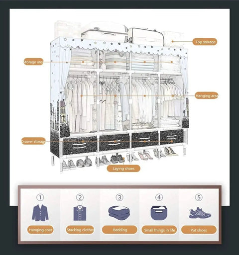 Portable Hanging Closet Wardrobe Freestanding Storage Organizer With Seriously Solid Steel Pipe Construction And Easy Quick Snap Assembly Fabric Clothes Shoe Cabinet showing various storage areas for clothes and shoes.