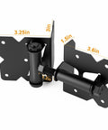 Heavy Duty 304 Stainless Steel Self Locking Gate Latch Hardware Two Sets With Top Notch Frosted Black Finish Rust Proof close-up view of hinge with dimensions.