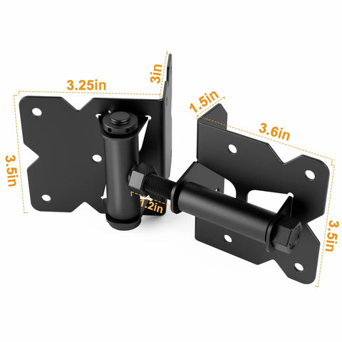 Heavy Duty 304 Stainless Steel Self Locking Gate Latch Hardware Two Sets With Top Notch Frosted Black Finish Rust Proof close-up view of hinge with dimensions.