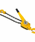 Heavy Duty Lever Block Chain Hoist And Comealong Puller With 6 Ton Capacity featuring yellow lever, chain, and hook for manual load moving.
