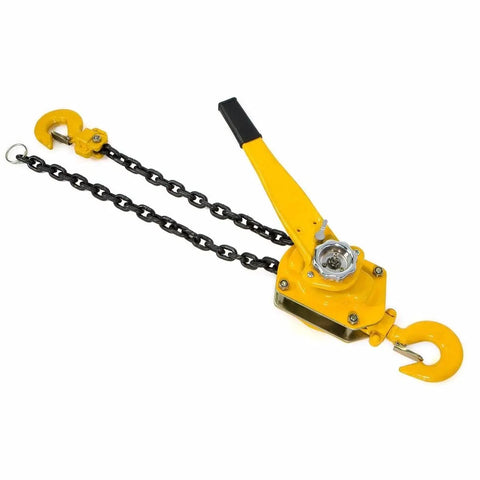Heavy Duty Lever Block Chain Hoist And Comealong Puller With 6 Ton Capacity featuring yellow lever, chain, and hook for manual load moving.