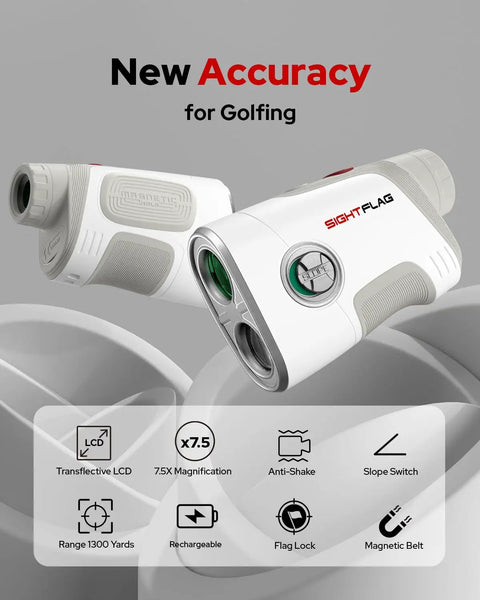GF2 Golf Rangefinder With Slope And Flag Lock And Vibration 1300 Yards Laser Range Finder 7.5X Magnification 0.3 Yard Accuracy Rechargeable Magnetic Mount Type C Charging Gift For Men And Women, white handheld device
