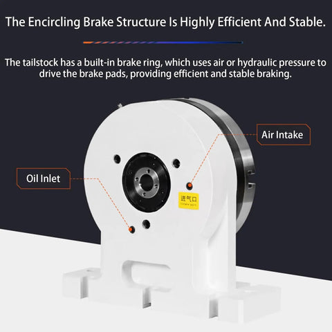 Beat Down Tough 170mm Lathe Disc Brake Tailstock with encircling brake structure, oil inlet, and air intake for CNC machining.