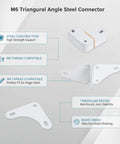 M6 Threaded Triangular Angle Steel Connector White Shelf Bracket with information on steel construction and M6 compatibility