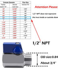 Size chart and dimensions of One Half Inch Mini Ball Valve Stainless Steel 316 Female to Male NPT Thread Shut-Off Valve Pack Of 2 with blue handle.