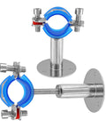 Beefy Stainless Steel Pipe Wall And Ceiling Mount Brackets Set, 2-Pack with adjustable height, featuring blue silicone pads and screws.