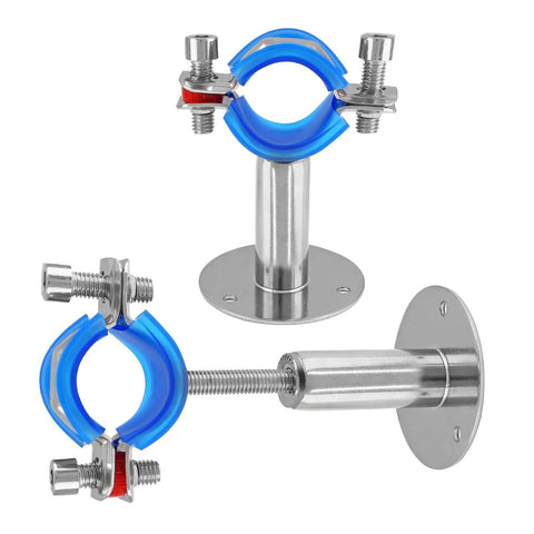Beefy Stainless Steel Pipe Wall And Ceiling Mount Brackets Set, 2-Pack with adjustable height, featuring blue silicone pads and screws.