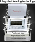 No Drama Portable Automatic Countertop Ice Maker with open lid showcasing integrated foaming tech, food grade liner, and stainless steel.