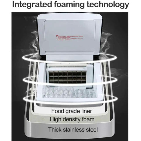 No Drama Portable Automatic Countertop Ice Maker with open lid showcasing integrated foaming tech, food grade liner, and stainless steel.