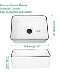 Rectangle Vessel Sink With Faucet In White Porcelain Above Counter Bathroom Basin With Black Edge Modern 16 By 12 Inch Vanity Countertop Sink For Powder Rooms Small Spaces Sleek Minimalist Design with dimensions