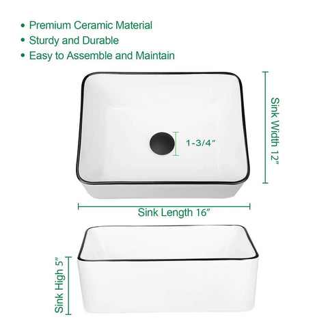Rectangle Vessel Sink With Faucet In White Porcelain Above Counter Bathroom Basin With Black Edge Modern 16 By 12 Inch Vanity Countertop Sink For Powder Rooms Small Spaces Sleek Minimalist Design with dimensions