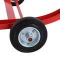 Close-up of the sturdy wheel of Heavy Duty Drum Cradle With Wheels Handles 600lbs Moving 55 Gallon Barrels in shop.