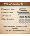 Through-Hole Headboard And Footboard Bolt Kit For Bed Rails - 2.5 Inch And 4 Inch Hardware displayed with nuts and washers