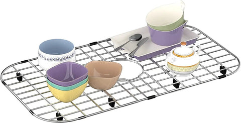 Stainless Steel Sink Grid Protector For Kitchen Sink 26 Inch By 14 Inch Center Drain Hole 5.1 Inch Durable Bottom Rack With Rubber Feet Easy To Clean No Fuss Protection That Keeps Your Sink Scratch Free supporting dishes